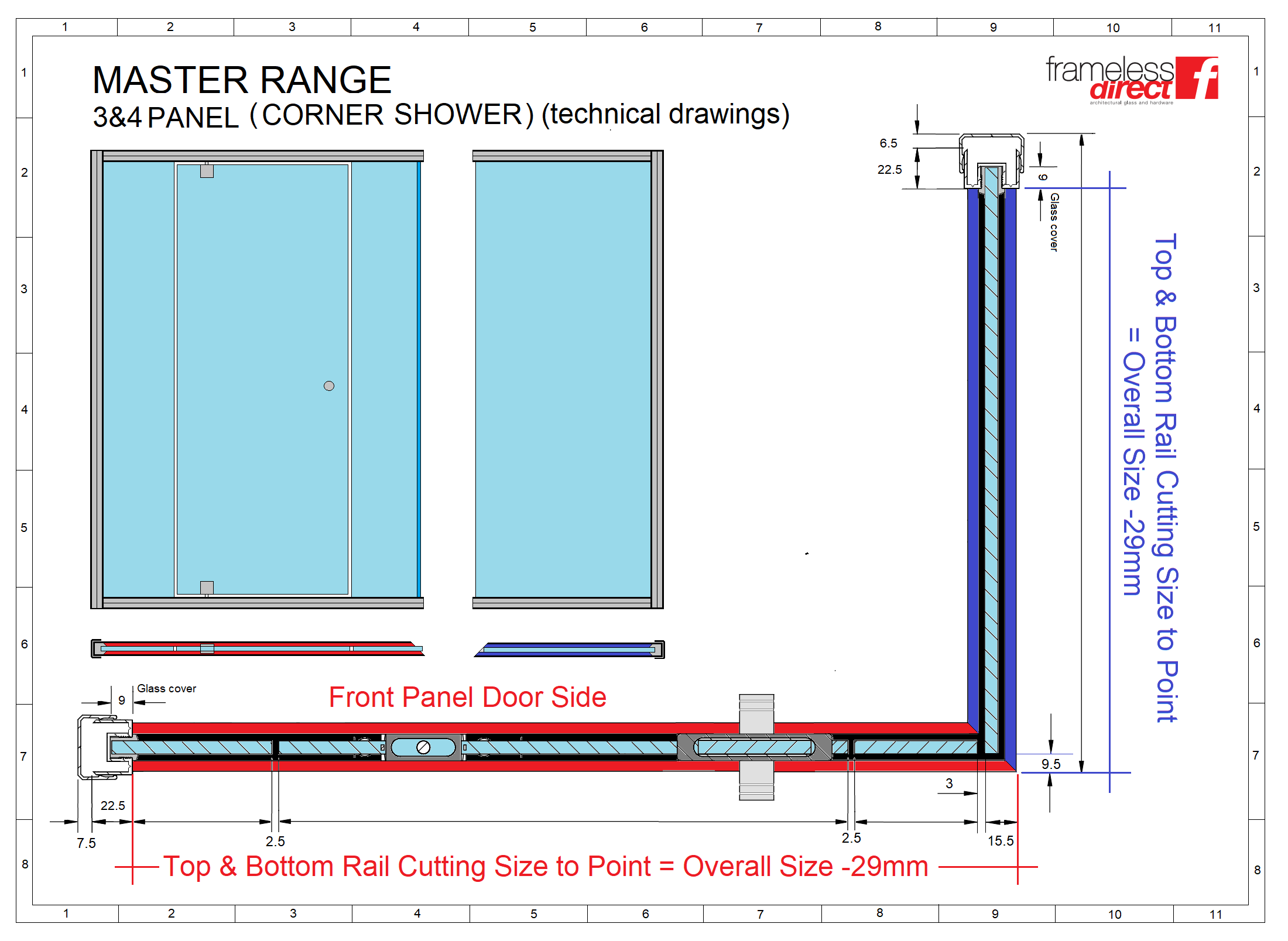 MASTER RANGE FRONT PANEL 265 OPENING SIZE, Top & Bottom Cutting Rail Size to Mitred Point = 236