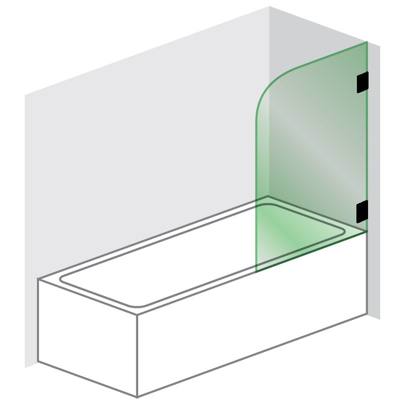 Over Bath Round Series 900W x 1600H Curved Top Single Panel 10mm Toughened (Black Fittings)