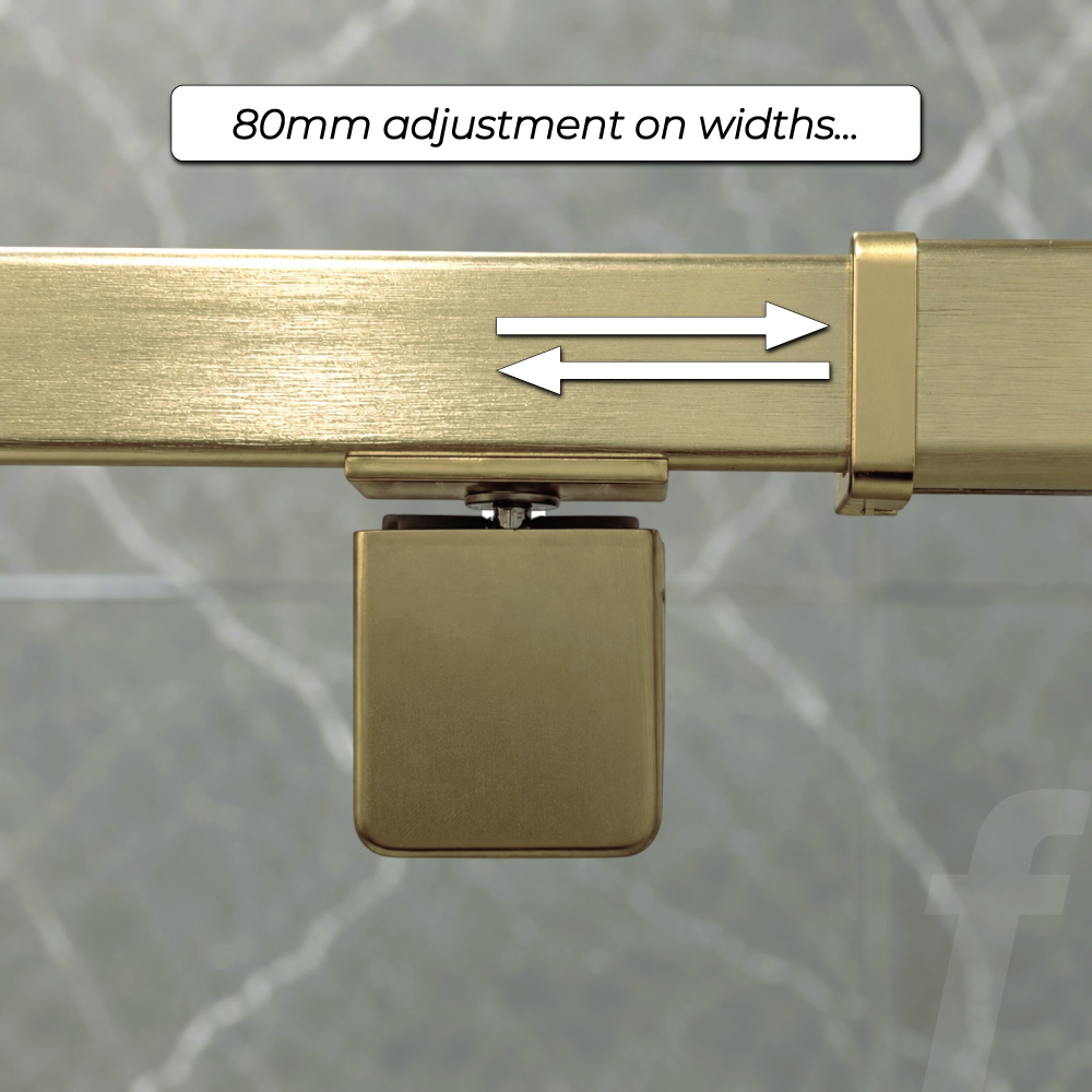 Eden Adjustable Shower Screen Front Panel : Brushed Gold Finish : Height 1950mm, Suits Widths 1380mm to 1460mm