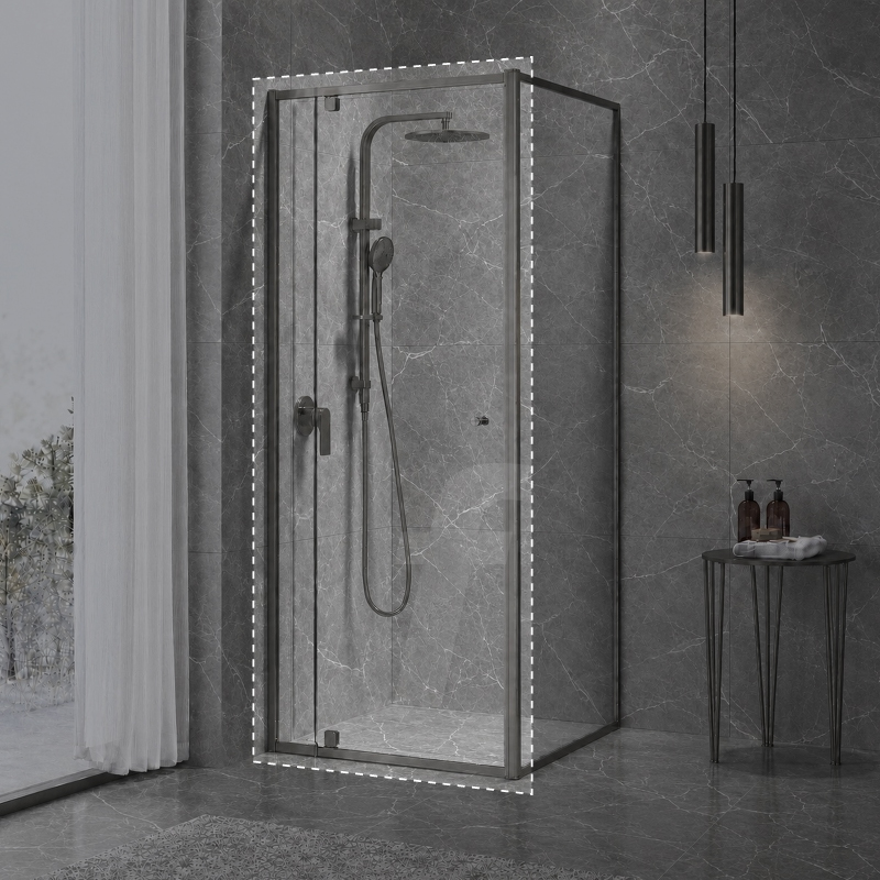 Eden Adjustable Shower Screen Front Panel : Brushed Gunmetal Finish : Height 1950mm, Suits Widths 1380mm to 1460mm
