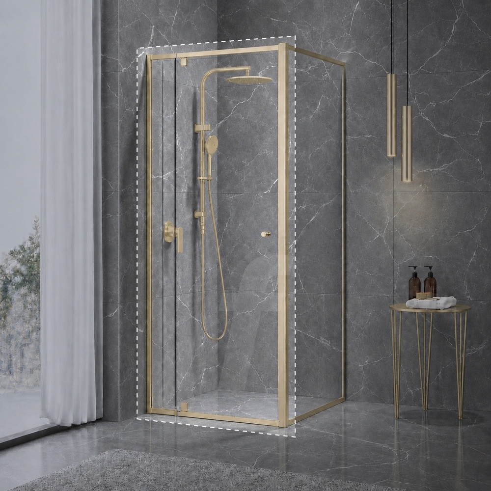 Eden Adjustable Shower Screen Front Panel : Brushed Gold Finish : Height 1950mm, Suits Widths 740mm to 820mm
