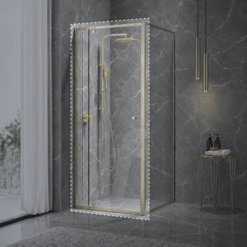 	Eden Adjustable Shower Screen Front Panel : Brushed Gold Finish : Height 1950mm, Suits Widths 820mm to 900mm