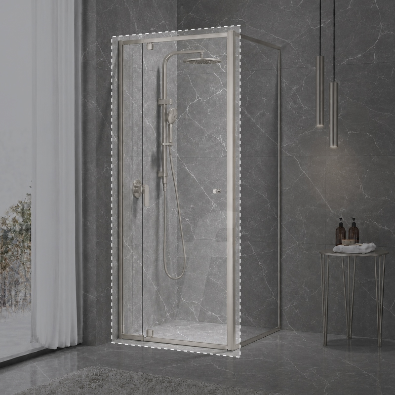 Eden Adjustable Shower Screen Front Panel : Brushed Nickel Finish : Height 1950mm, Suits Widths 900mm to 980mm