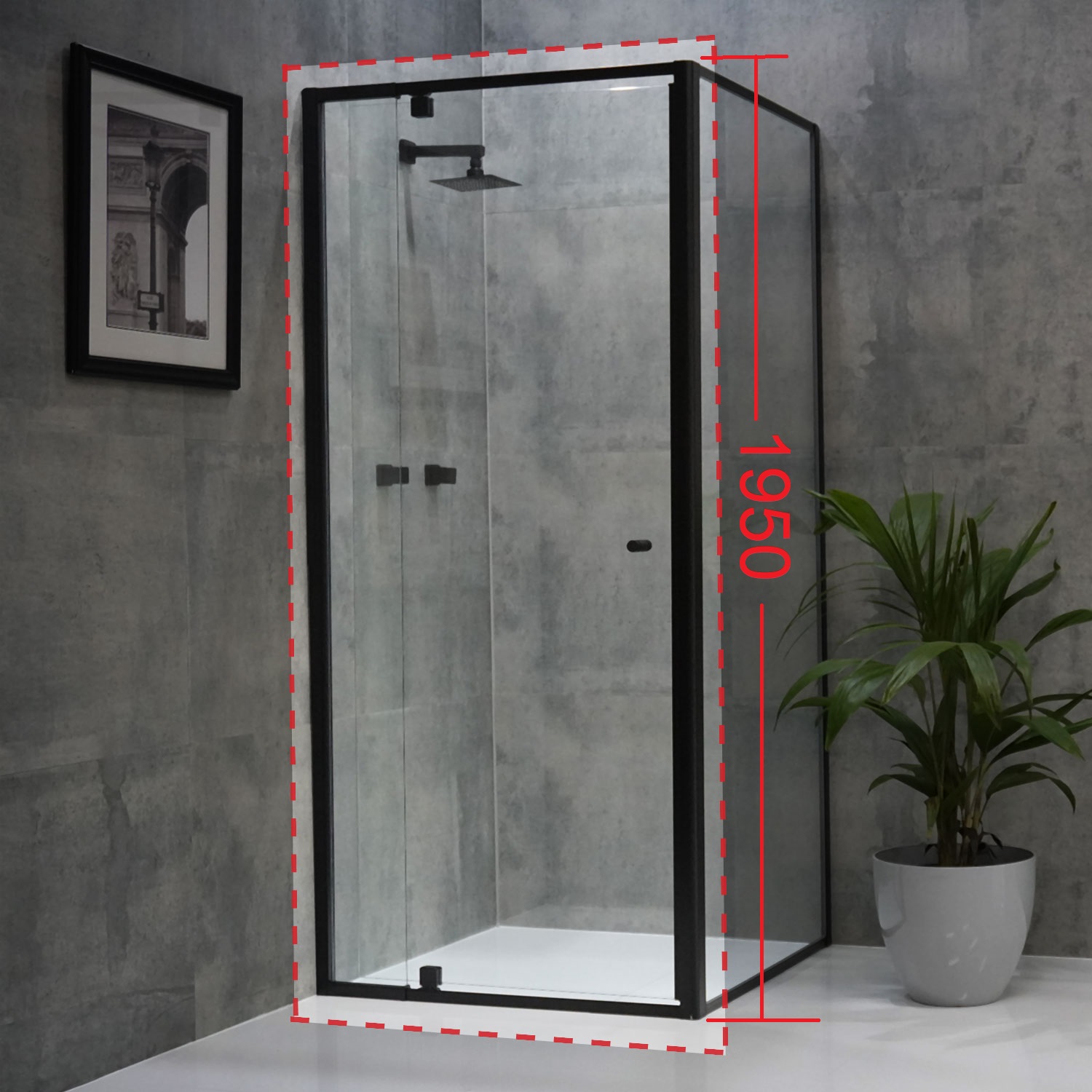 Eden Adjustable Shower Screen Front Panel : Satin Black Finish : Height 1950mm, Suits Widths 740mm to 820mm