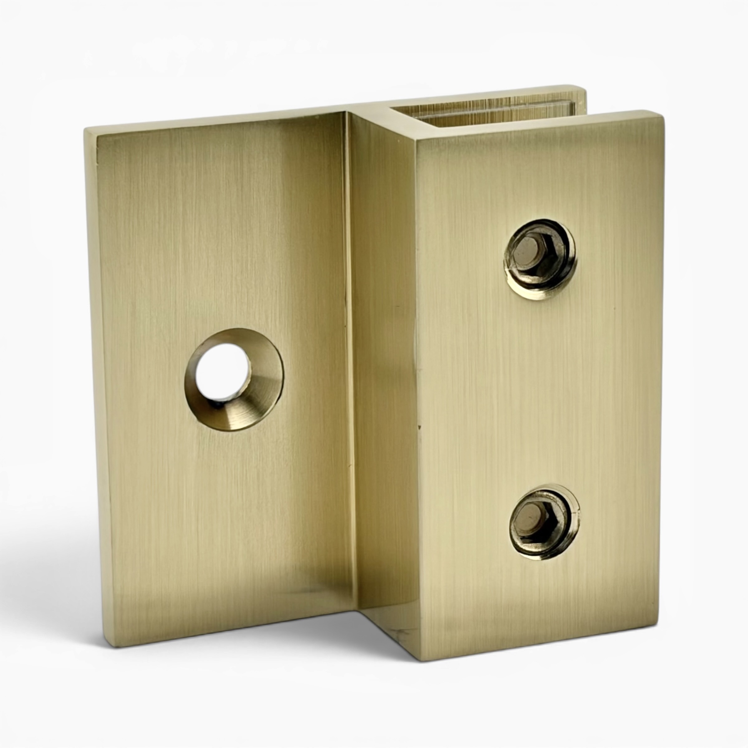 Glass to Wall Bracket with Inline Wall Fixing - Square Corners (Brushed Gold)
