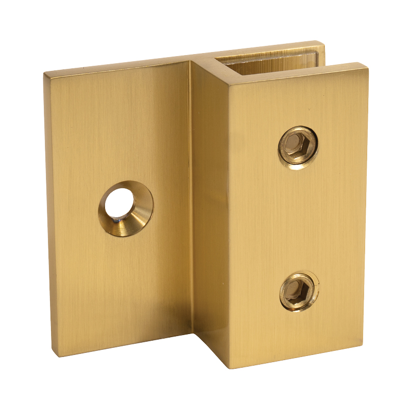 Glass to Wall Bracket with Inline Wall Fixing - Square Corners (Brushed Gold)